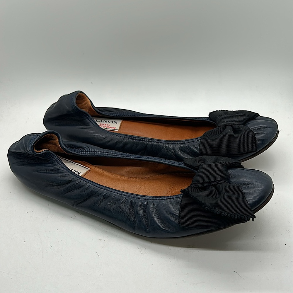 Lanvin Paris Navy Blue Leather Black Bow Ballet Flats Shoes **Size 37.5/US 5.5**